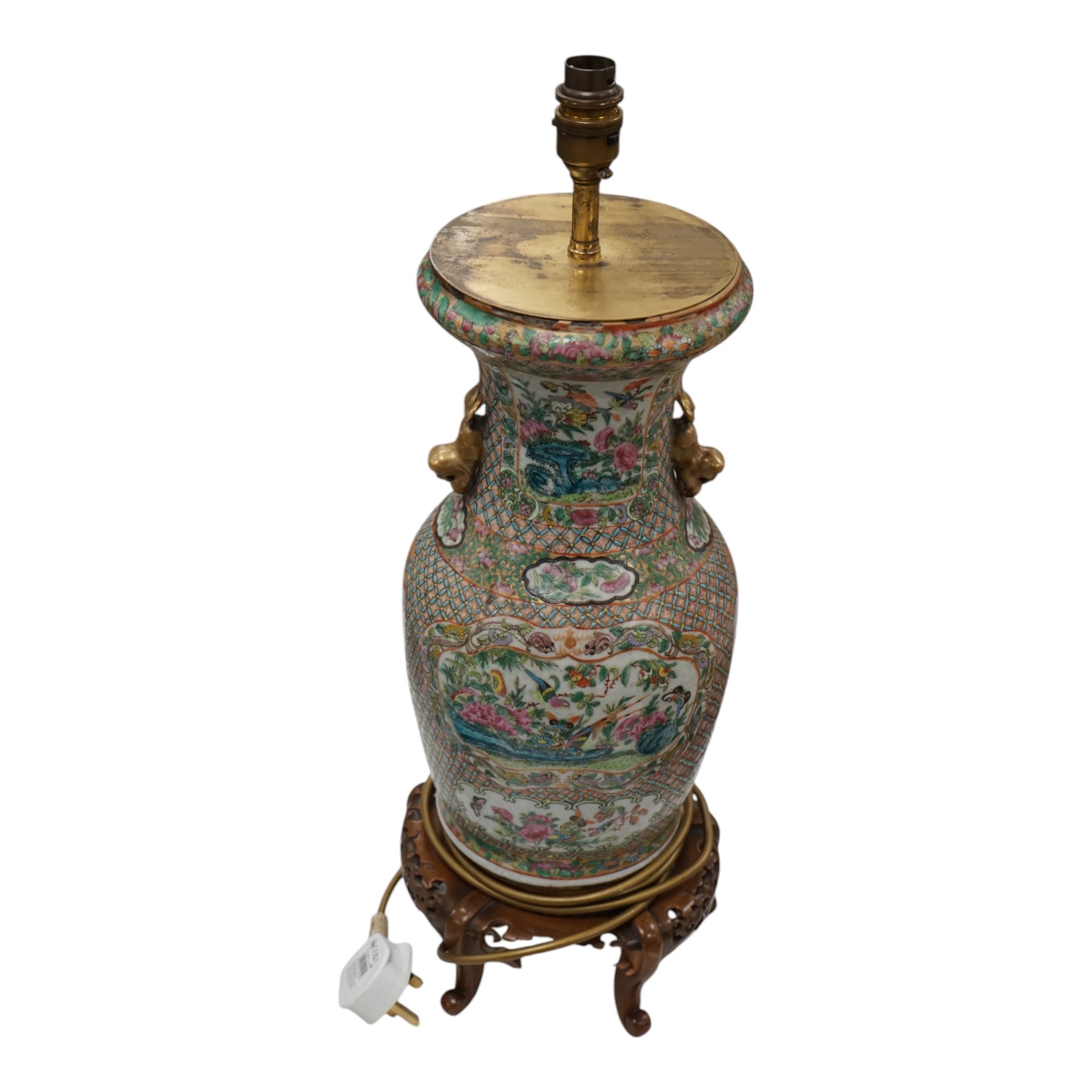 A Chinese enamelled porcelain vase, c. 1900, converted to a lamp with carves stand, 45.5cm high. Condition - good